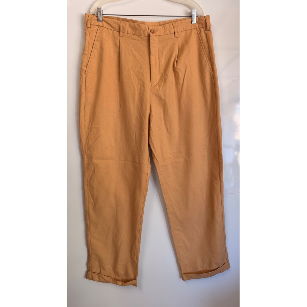 Vintage Trust Mens Pleated Linen Blend TrousersTan Cuffed Straight Leg 38x30